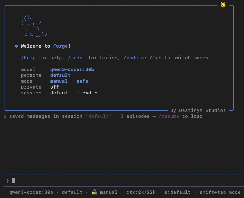 Forge local AI coding agent terminal interface running qwen3-coder:30b in manual safe mode