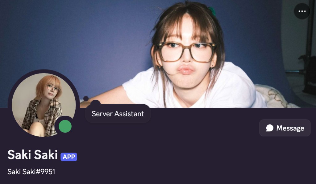 Saki Discord application profile with idol-inspired product presentation